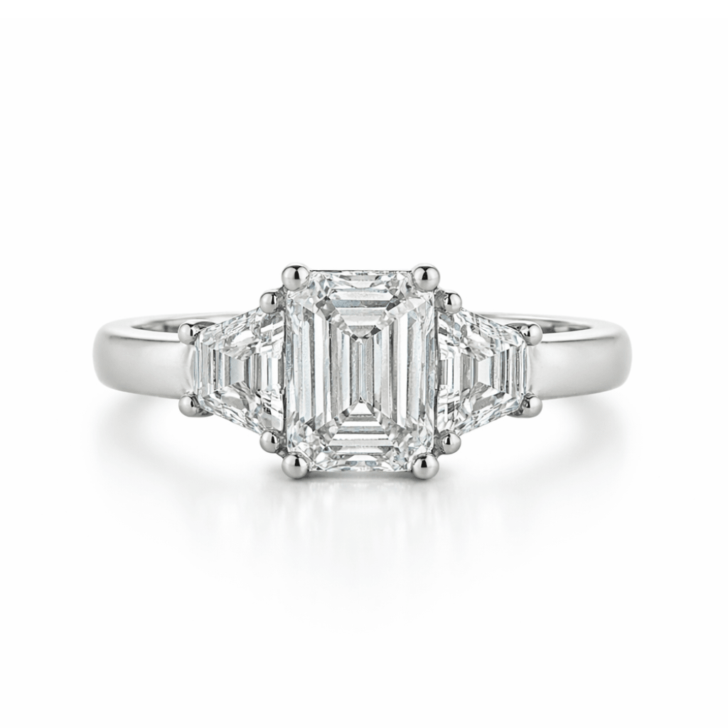 1.50ct Lab Diamond Trilogy Engagement Ring | Platinum, Emerald + Trapezoid Cuts - Diamond Lab Boutique