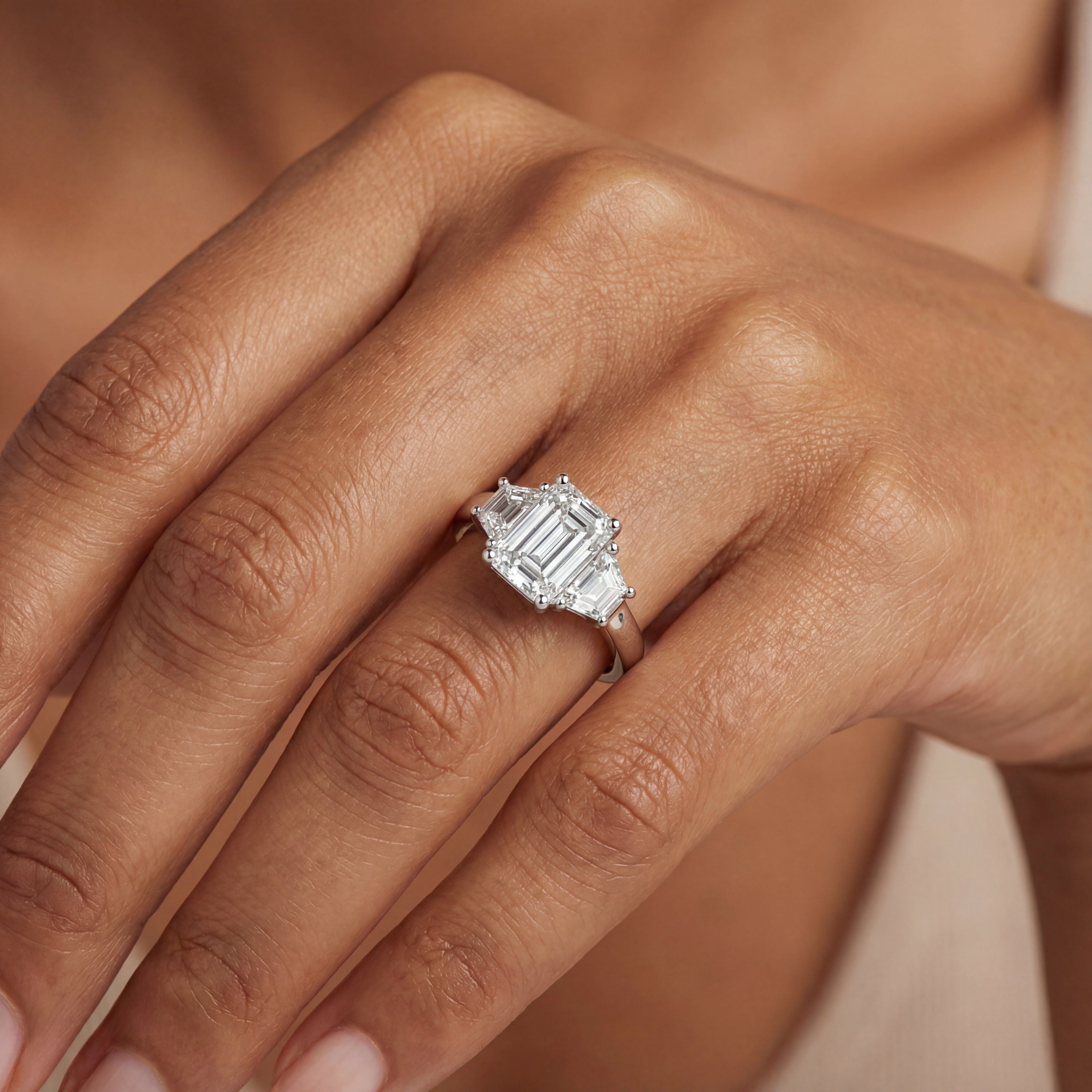 1.50ct Lab Diamond Trilogy Engagement Ring | Platinum, Emerald + Trapezoid Cuts