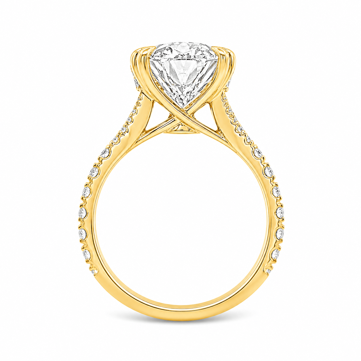 18ct Yellow Gold Oval Lab Grown Diamond Ring with Double Heart Claws, Split Shoulders & Peek-A-Boo Diamond – 6.75ct TDW - Diamond Lab Boutique