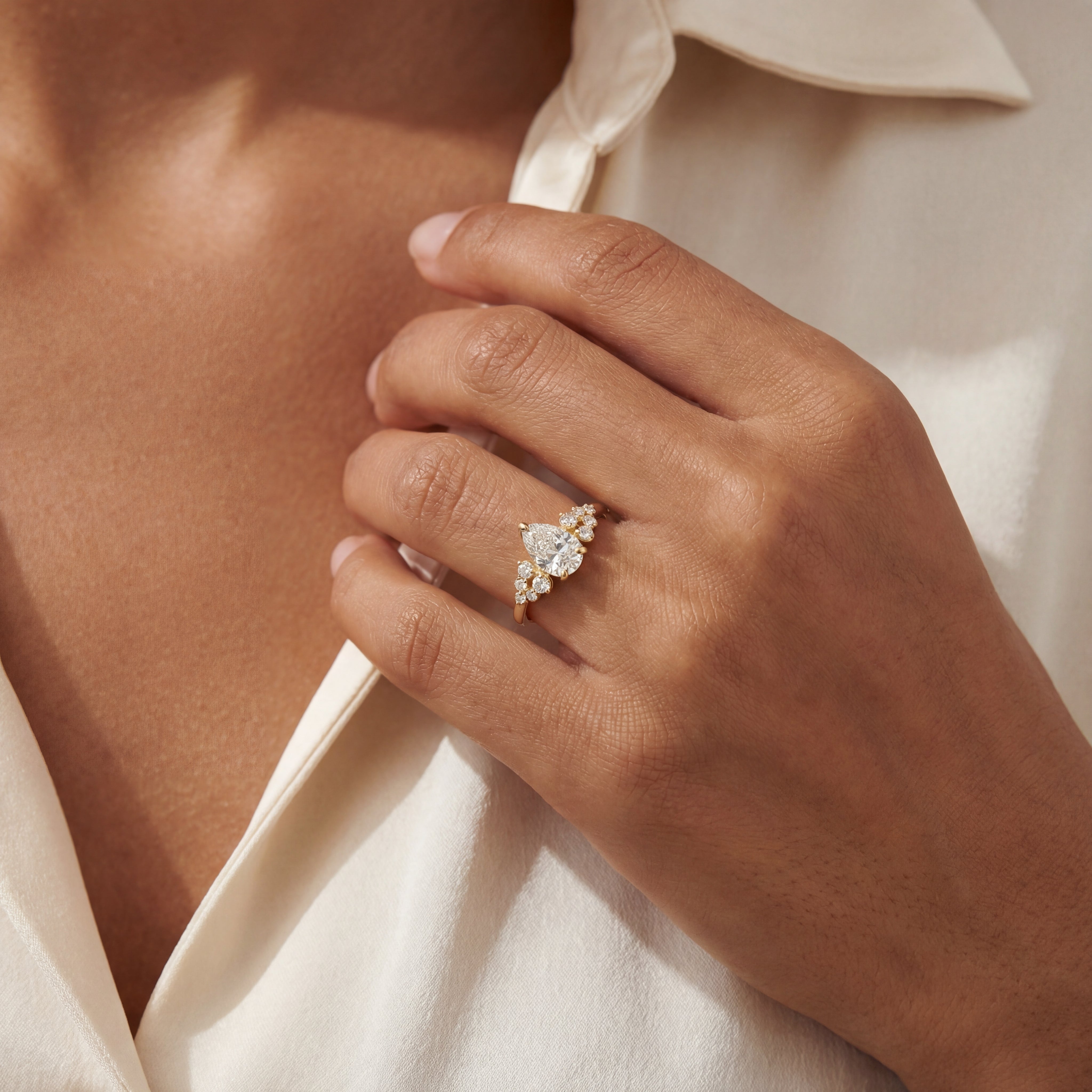 14ct Yellow Gold Pear-Cut Lab-Grown Diamond Ring with Cluster Shoulders