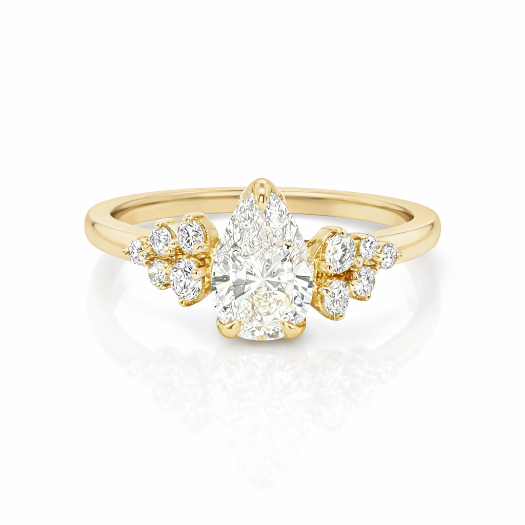 14ct Yellow Gold Pear-Cut Lab-Grown Diamond Ring with Cluster Shoulders