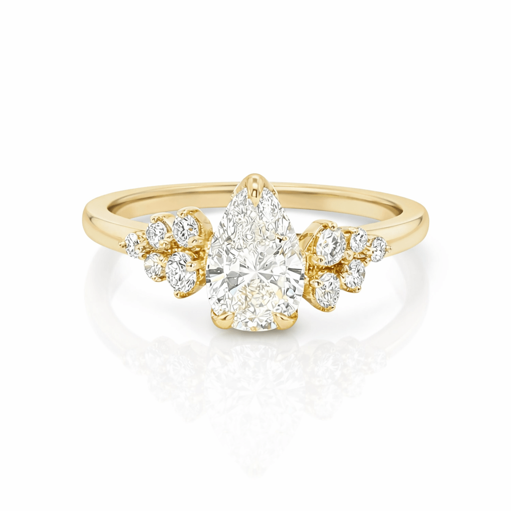 14ct Yellow Gold Pear-Cut Lab-Grown Diamond Ring with Cluster Shoulders - Diamond Lab Boutique