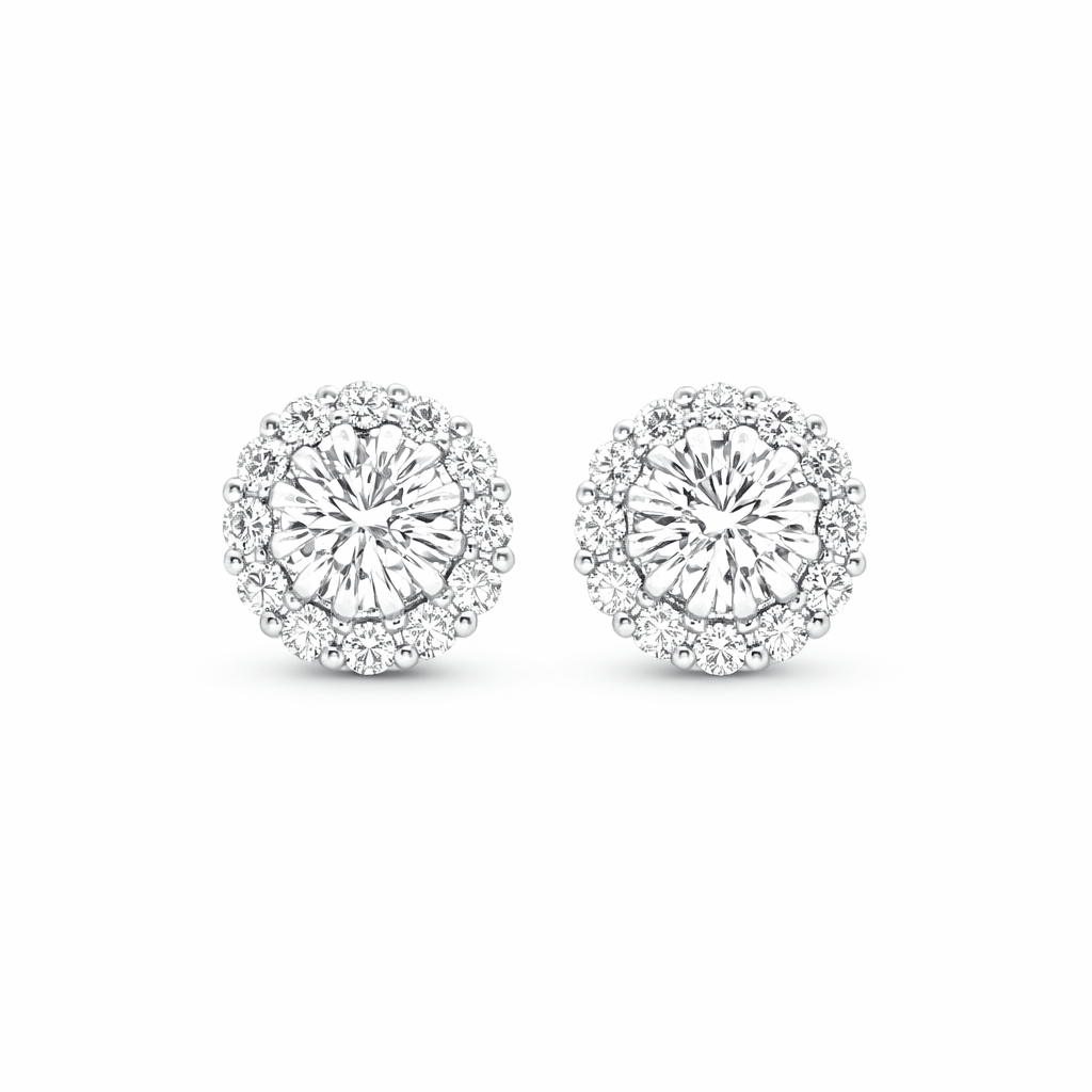 9ct White Gold Claw Set Round Lab Grown Diamond Halo Stud Earrings – 1.20ct TDW - Diamond Lab Boutique