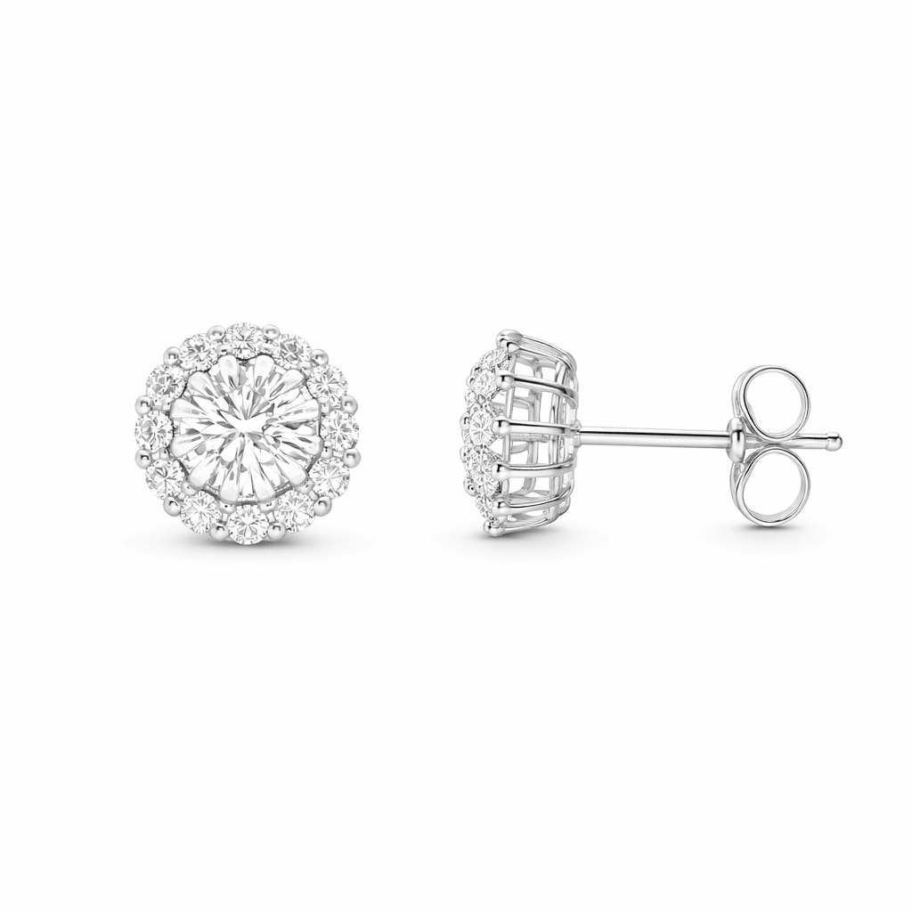 9ct White Gold Claw Set Round Lab Grown Diamond Halo Stud Earrings – 1.20ct TDW - Diamond Lab Boutique