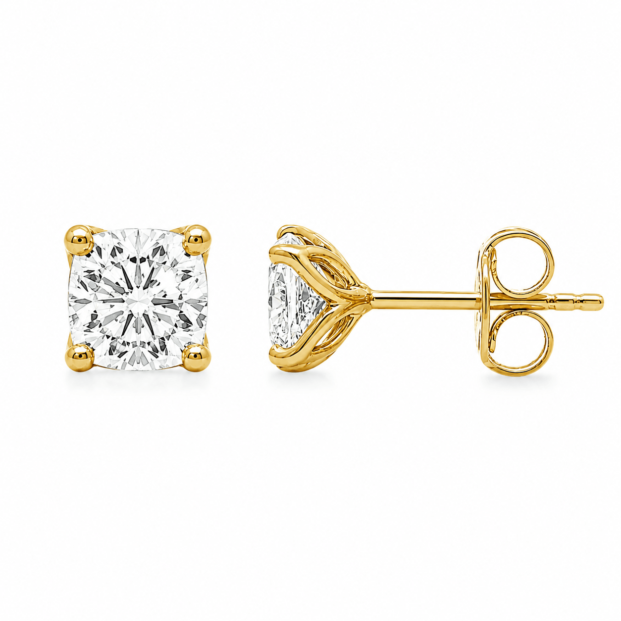 9ct Yellow Gold Tulip 4-Claw Set Cushion Cut Lab Grown Diamond Earrings – 1.50ct TDW - Diamond Lab Boutique