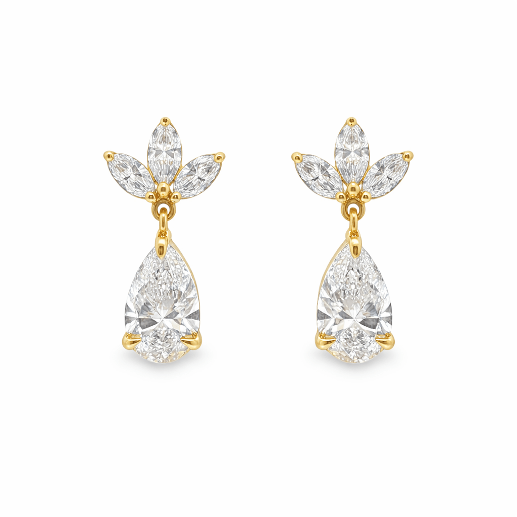 9ct Yellow Gold Pear Cut Lab Grown Diamond Drop Earrings with Marquise Accents – 2.92ct TDW - Diamond Lab Boutique