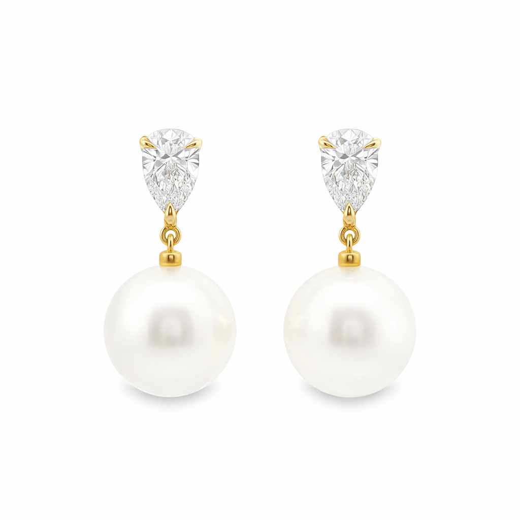 9ct Yellow Gold South Sea Pearl & Pear Cut Lab Grown Diamond Drop Stud Earrings – 2.05ct TDW - Diamond Lab Boutique
