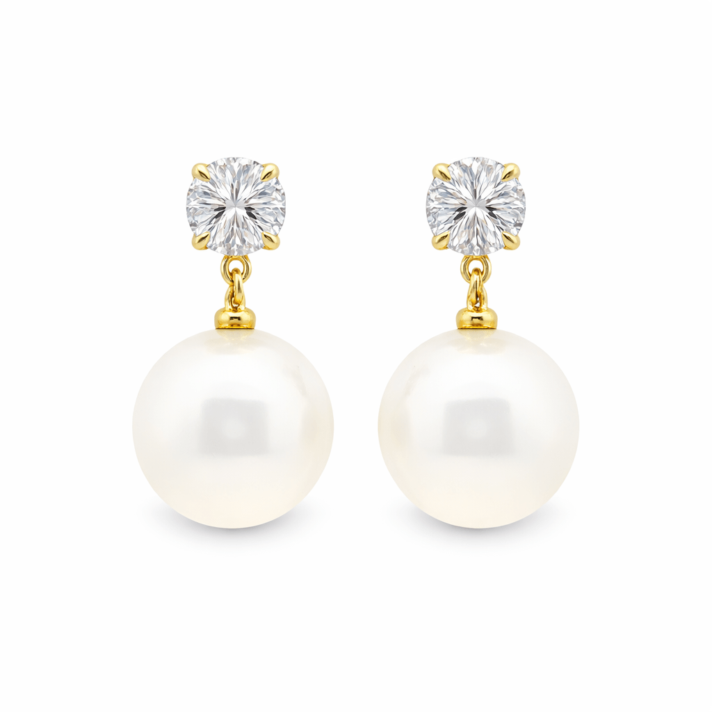 9ct Yellow Gold South Sea Pearl & Round Lab Grown Diamond Drop Stud Earrings – 2.17ct TDW - Diamond Lab Boutique