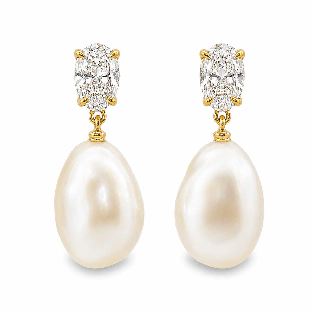 9ct Yellow Gold Oval Cut Lab Grown Diamond & Keshi Pearl Drop Earrings – 1.00ct TDW - Diamond Lab Boutique
