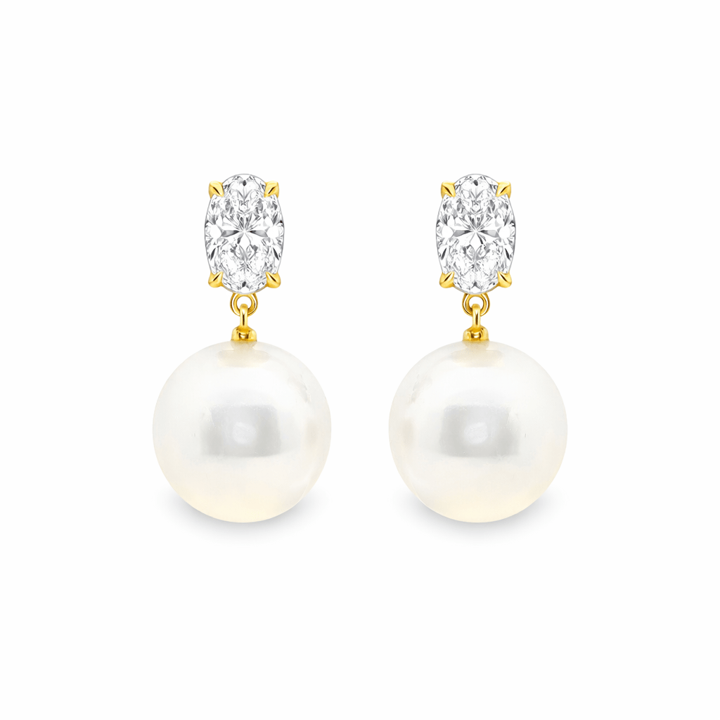 9ct Yellow Gold South Sea Pearl & Oval Cut Lab Grown Diamond Drop Stud Earrings – 2.04ct TDW - Diamond Lab Boutique