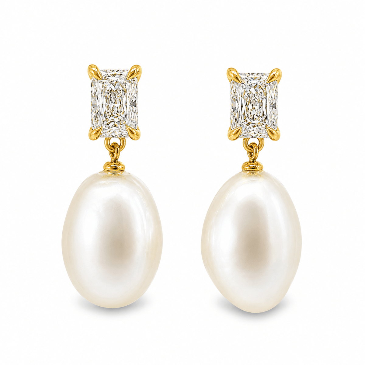 9ct Yellow Gold Radiant Cut Lab Grown Diamond & Keshi Pearl Drop Earrings – 1.00ct TDW - Diamond Lab Boutique