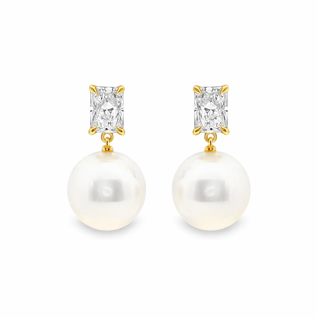 9ct Yellow Gold South Sea Pearl & Radiant Cut Lab Grown Diamond Drop Stud Earrings – 2.12ct TDW - Diamond Lab Boutique