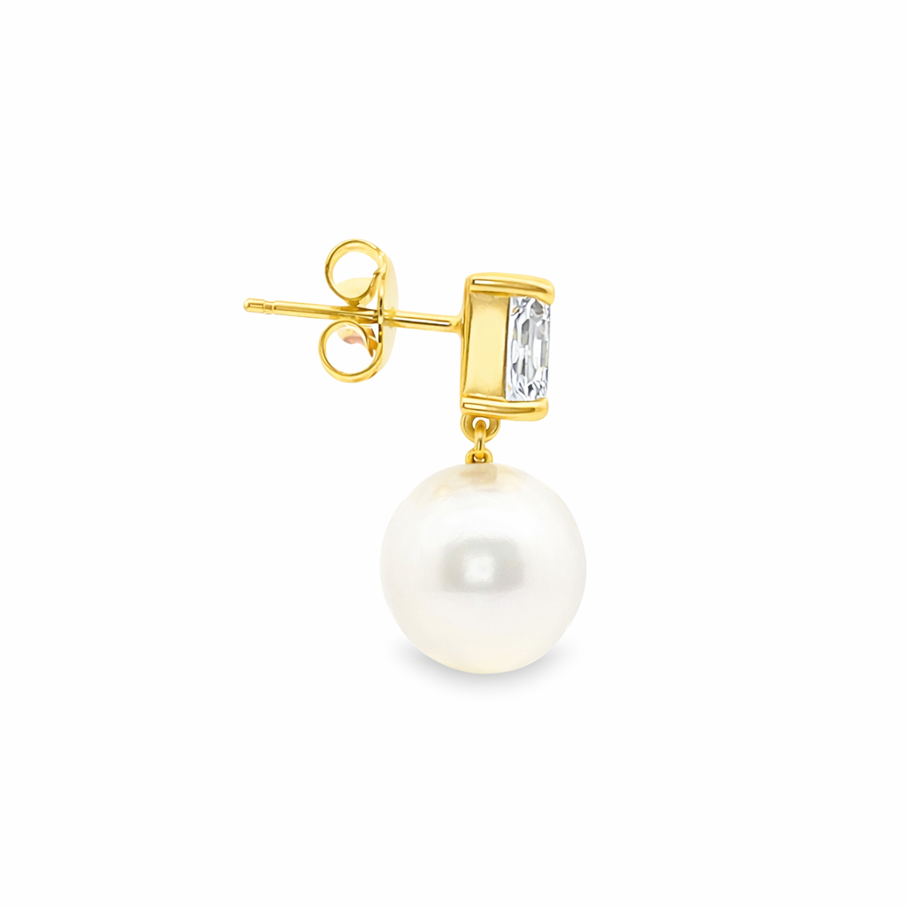 9ct Yellow Gold South Sea Pearl & Radiant Cut Lab Grown Diamond Drop Stud Earrings – 2.12ct TDW
