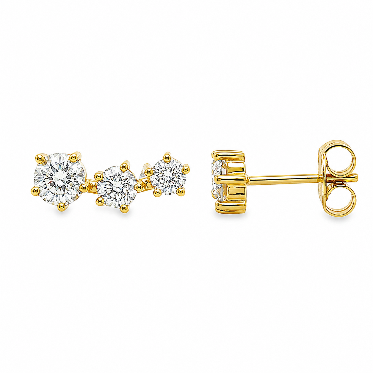 9ct Yellow Gold Round Lab Grown Diamond Trilogy Stud Earrings – 1.15ct TDW