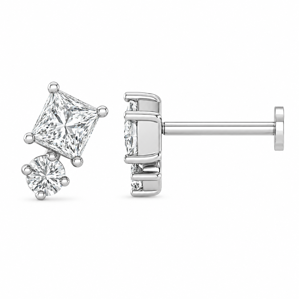 9ct White Gold Round & Square Cut Lab Grown Diamond Flat Back Stud Earring – 0.10ct TDW