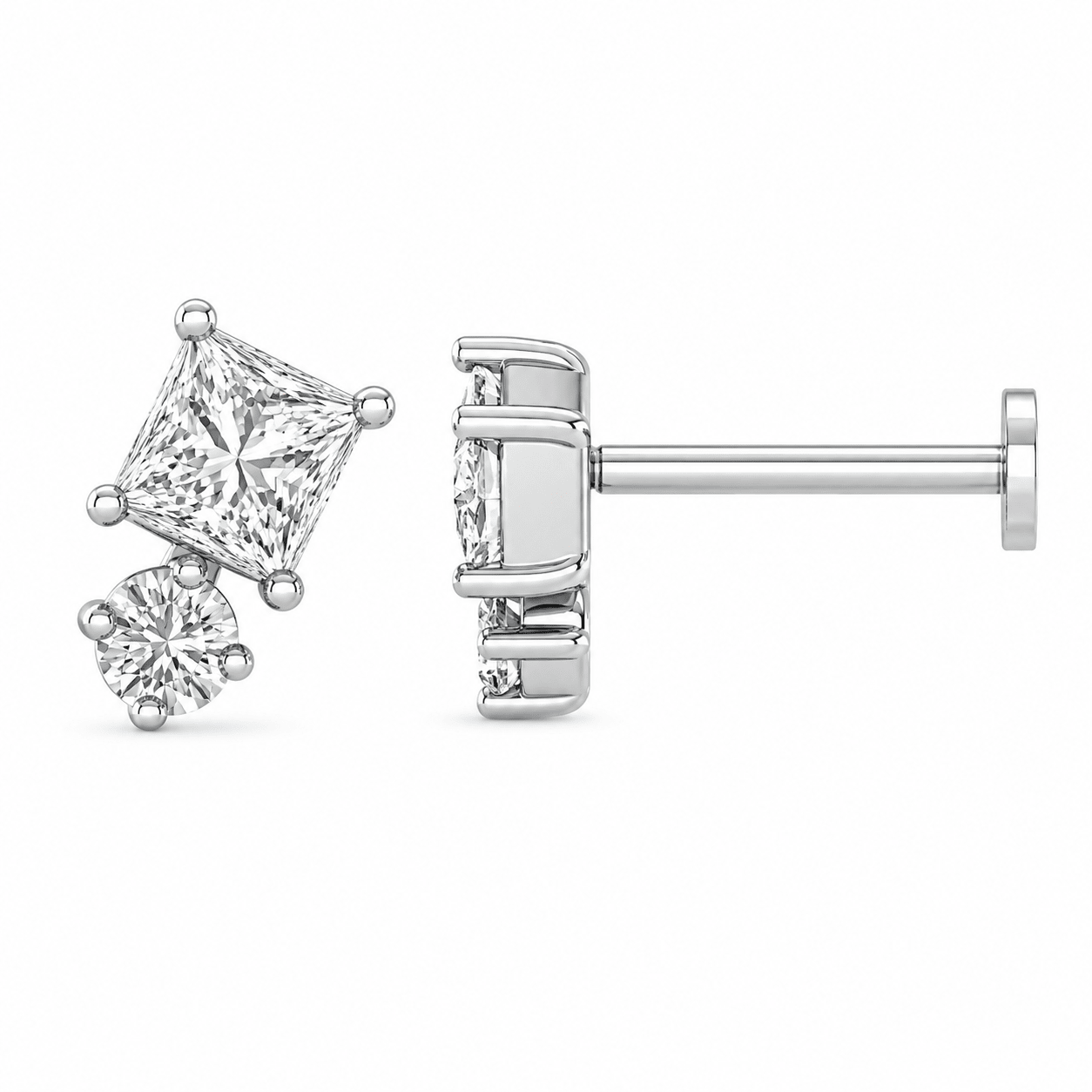 9ct White Gold Round & Square Cut Lab Grown Diamond Flat Back Stud Earring – 0.10ct TDW - Diamond Lab Boutique