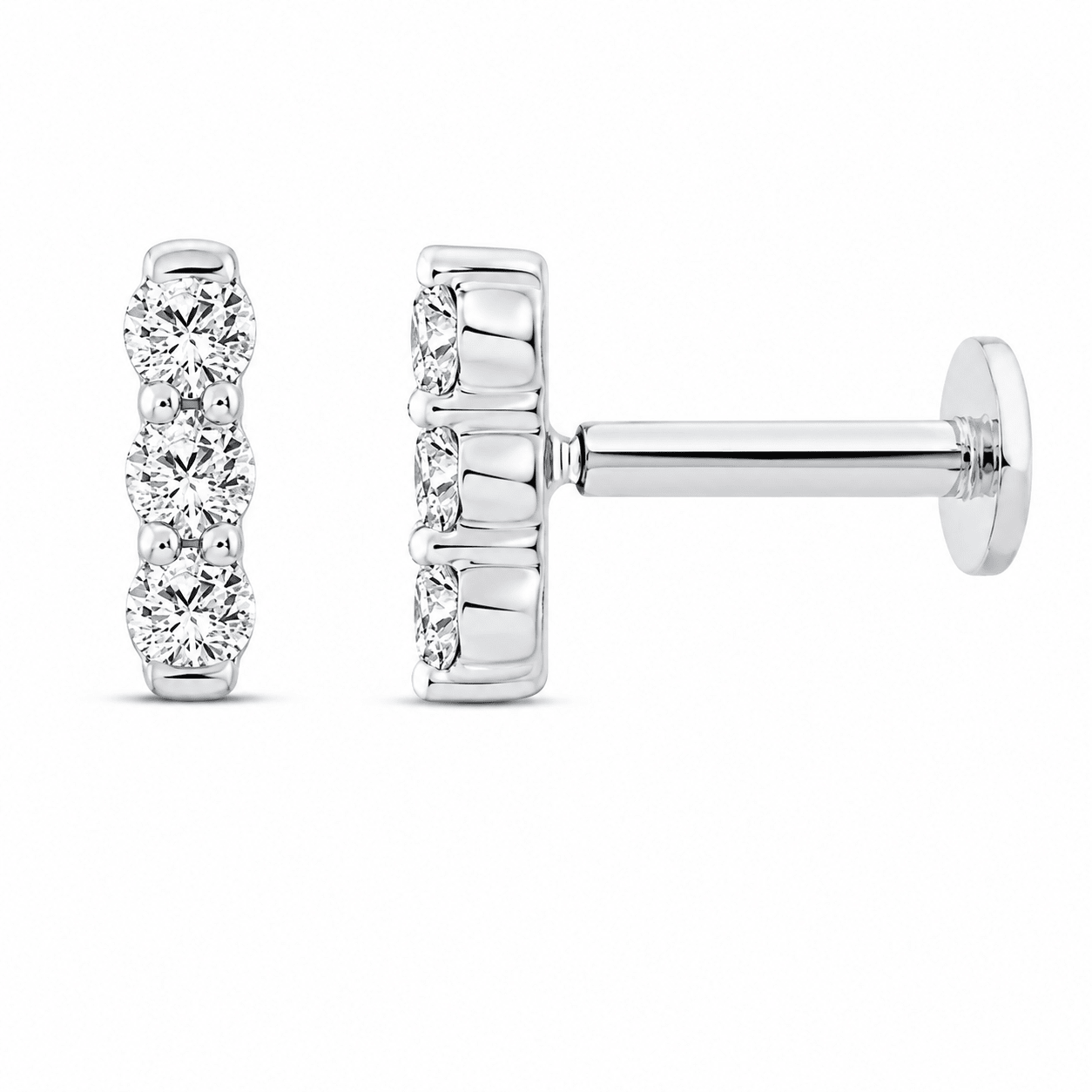 9ct White Gold Round Lab Grown Diamond Trio Flat Back Stud Earring – 0.05ct TDW - Diamond Lab Boutique