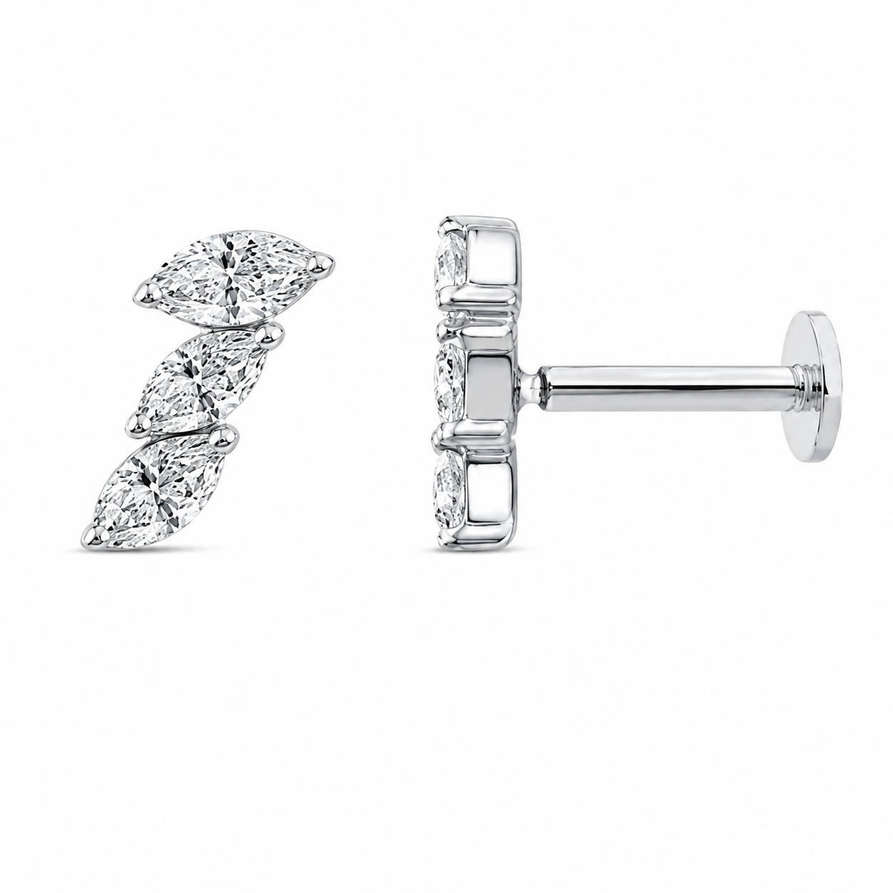9ct White Gold Marquise Cut Lab Grown Diamond Trio Flat Back Stud Earring – 0.12ct TDW
