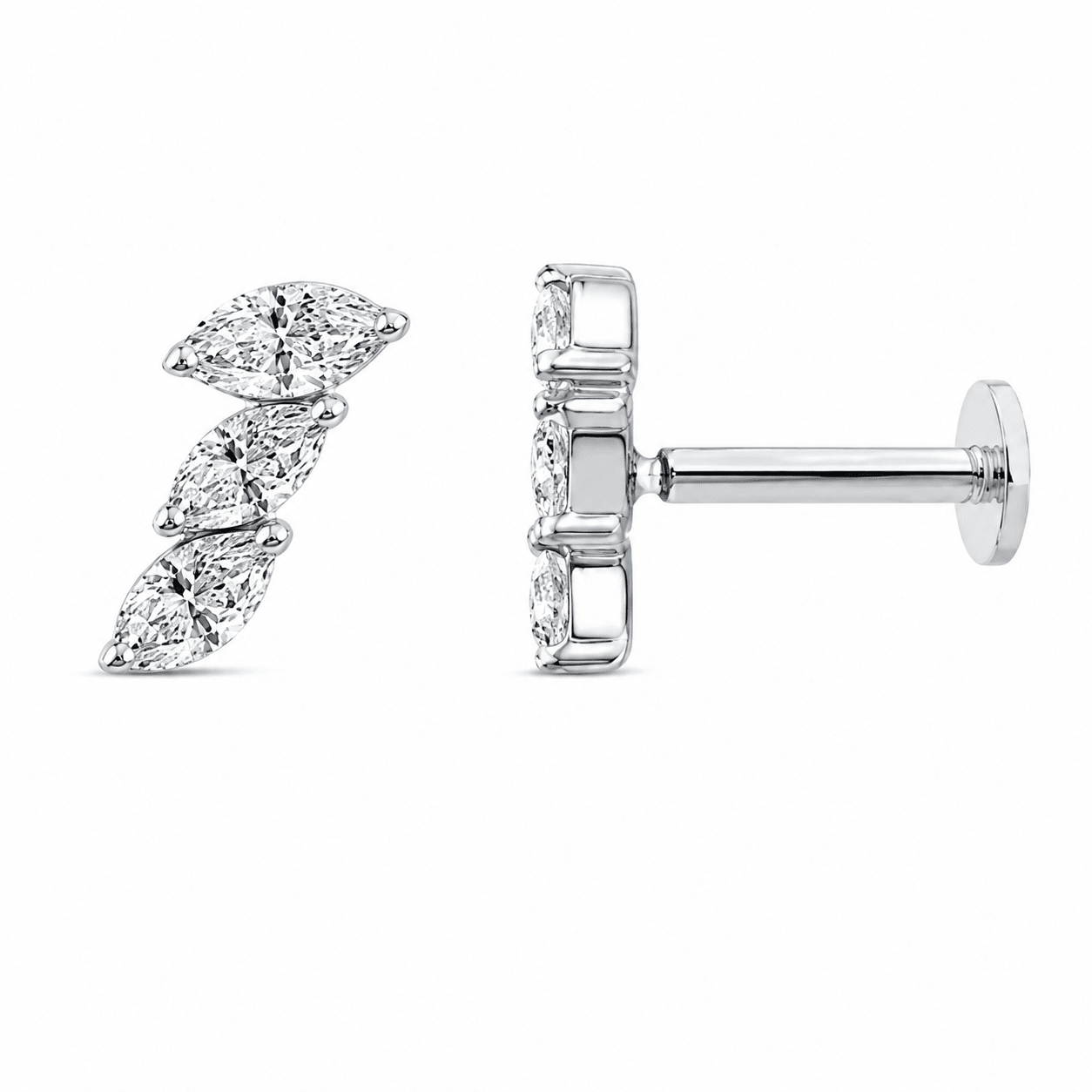 9ct White Gold Marquise Cut Lab Grown Diamond Trio Flat Back Stud Earring – 0.12ct TDW - Diamond Lab Boutique