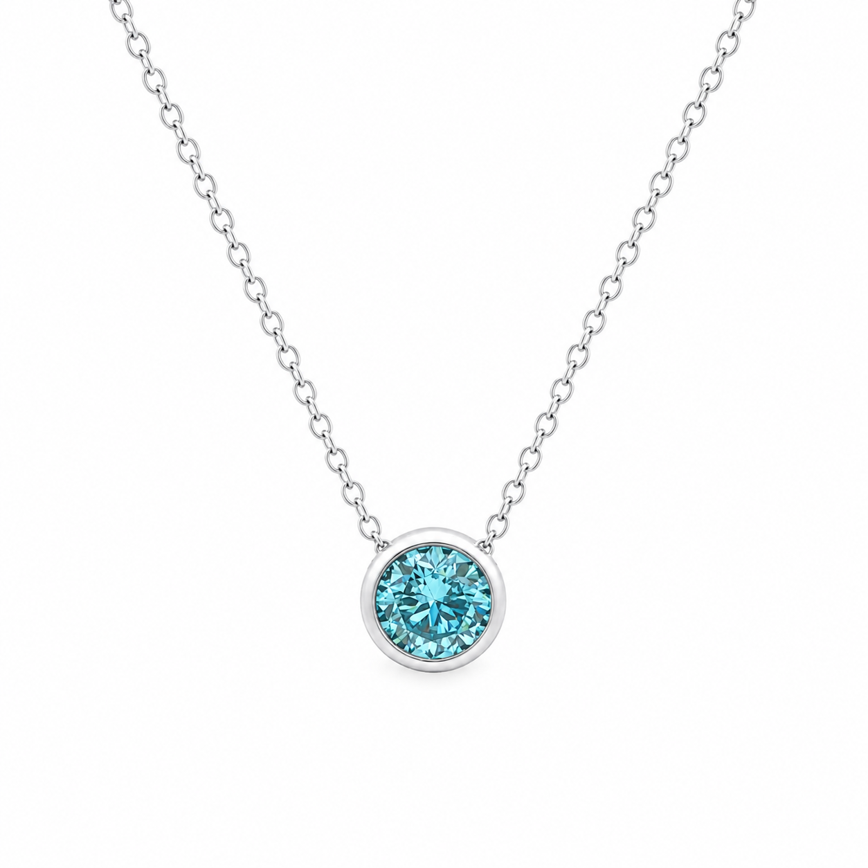 9ct White Gold Bezel Set Round Blue Lab Grown Diamond Slider Necklace – 0.60ct TDW