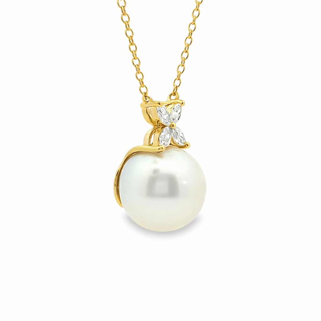 9ct Yellow Gold South Sea Pearl & Marquise Lab Grown Diamond Pendant Necklace – 0.25ct TDW - Diamond Lab Boutique