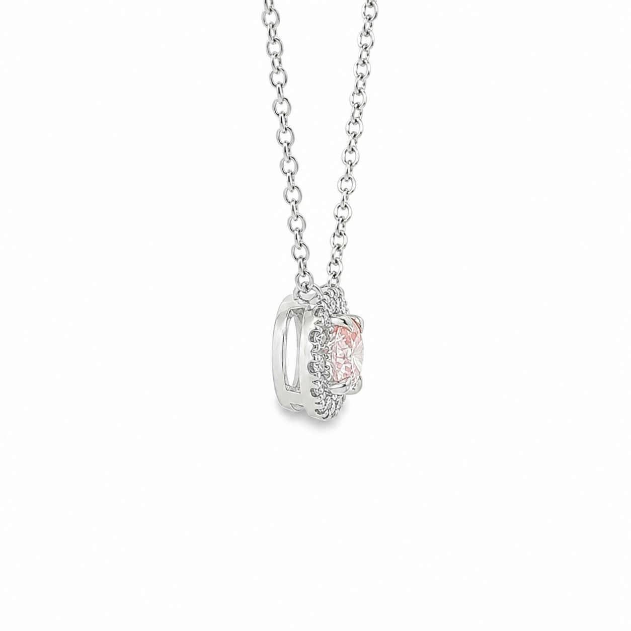 9ct White Gold Round Fancy Intense Pink Lab Grown Diamond Halo Necklace – 0.69ct TDW