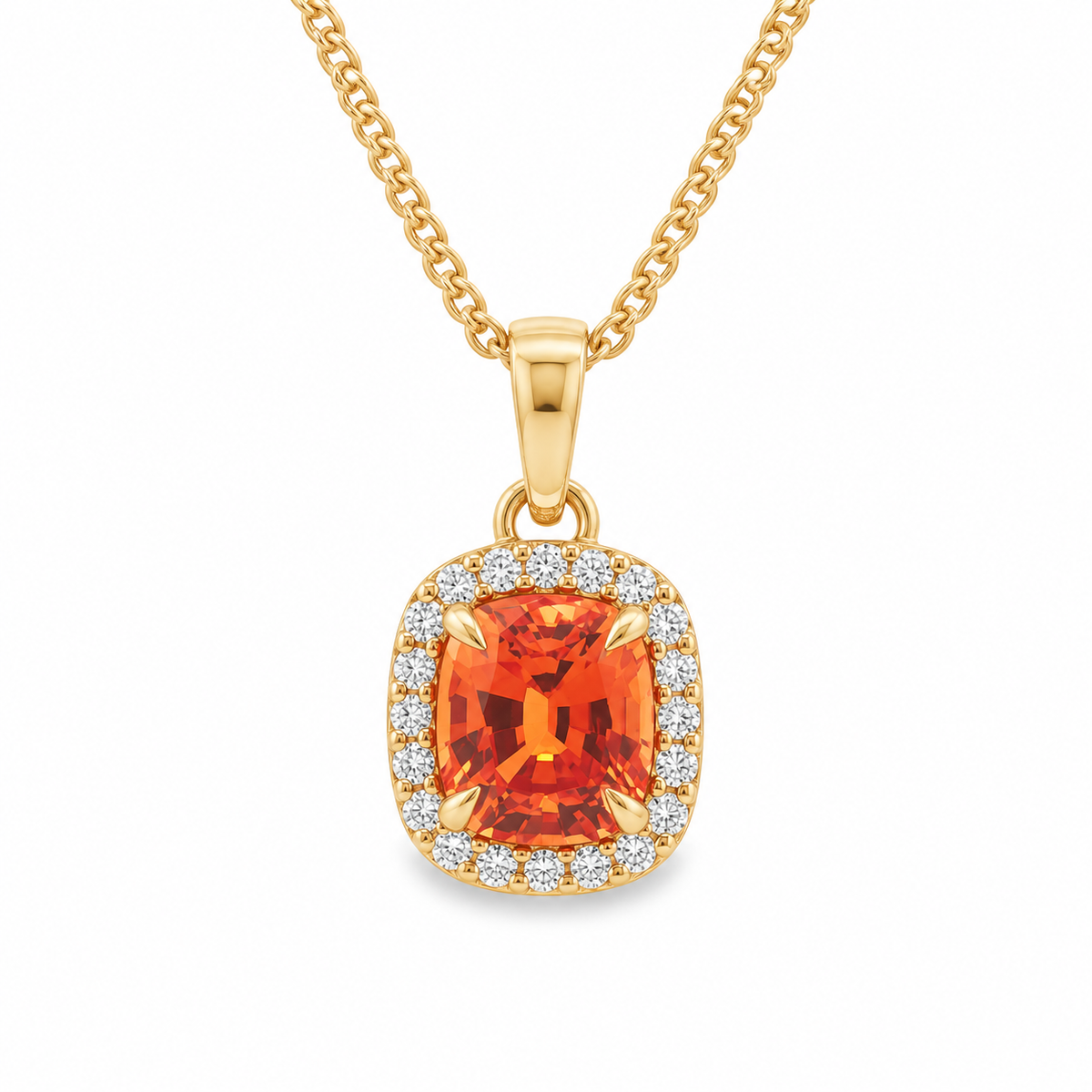 9ct Yellow Gold 7x8mm Cushion Cut Lab Grown Fanta Orange Sapphire 4 Eagle Claw Halo Pendant (Chain Not Included)