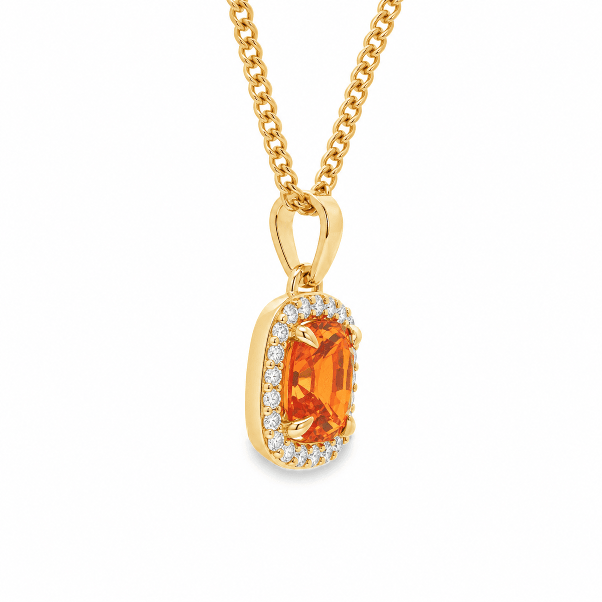 9ct Yellow Gold 7x8mm Cushion Cut Lab Grown Fanta Orange Sapphire 4 Eagle Claw Halo Pendant (Chain Not Included)