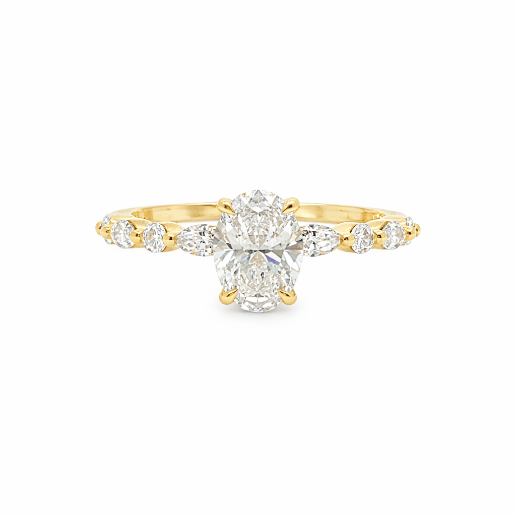 9ct Yellow Gold Oval Cut Lab Grown Diamond Ring with Round and Marquise Shoulders – 1.35ct TDW - Diamond Lab Boutique