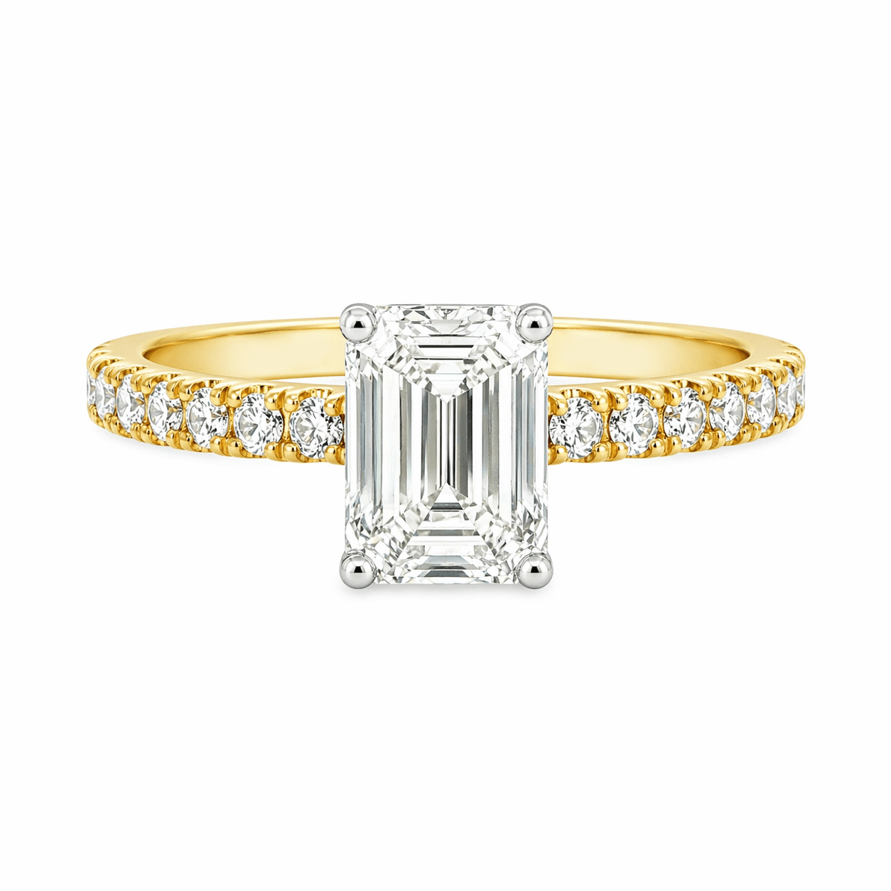 18ct Yellow & White Gold Emerald Cut Lab Grown Diamond Ring with Hidden Halo & Diamond Set Shoulders – 1.86ct TDW - Diamond Lab Boutique