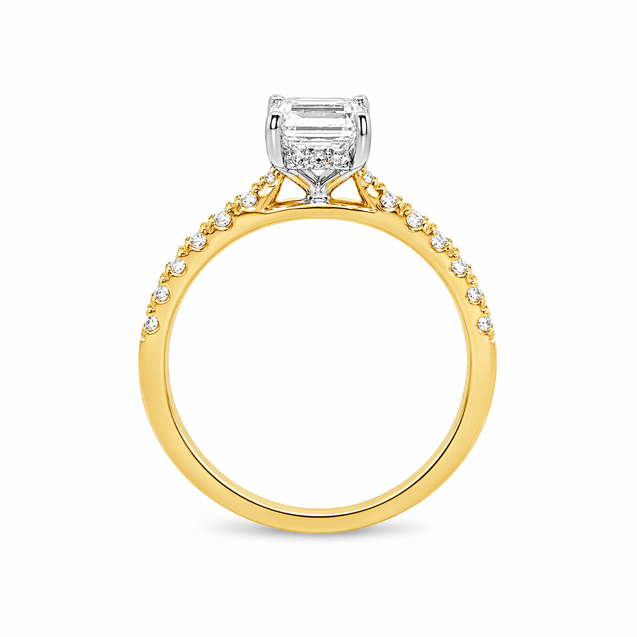18ct Yellow & White Gold Emerald Cut Lab Grown Diamond Ring with Hidden Halo & Diamond Set Shoulders – 1.86ct TDW - Diamond Lab Boutique