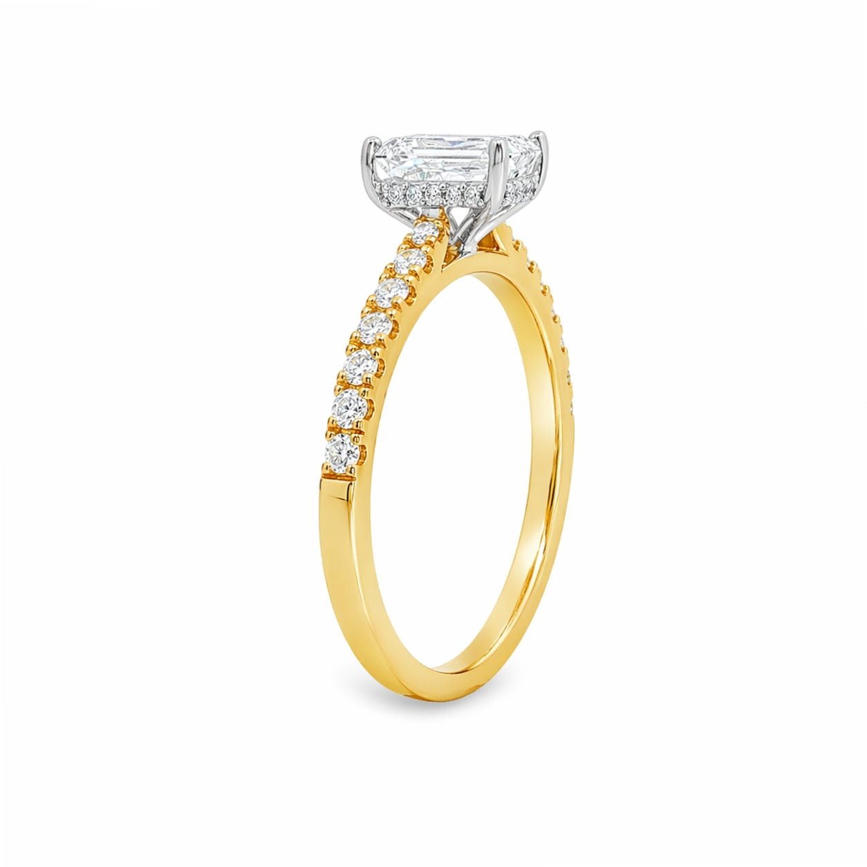 18ct Yellow & White Gold Emerald Cut Lab Grown Diamond Ring with Hidden Halo & Diamond Set Shoulders – 1.86ct TDW - Diamond Lab Boutique