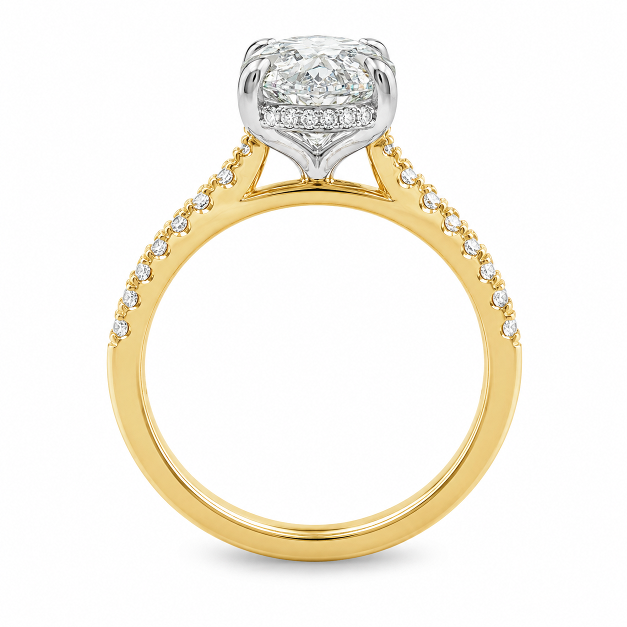 18ct Yellow & White Gold Moval Cut Lab Grown Diamond Ring with Hidden Halo & Diamond Set Cathedral Shoulders – 3.92ct TDW