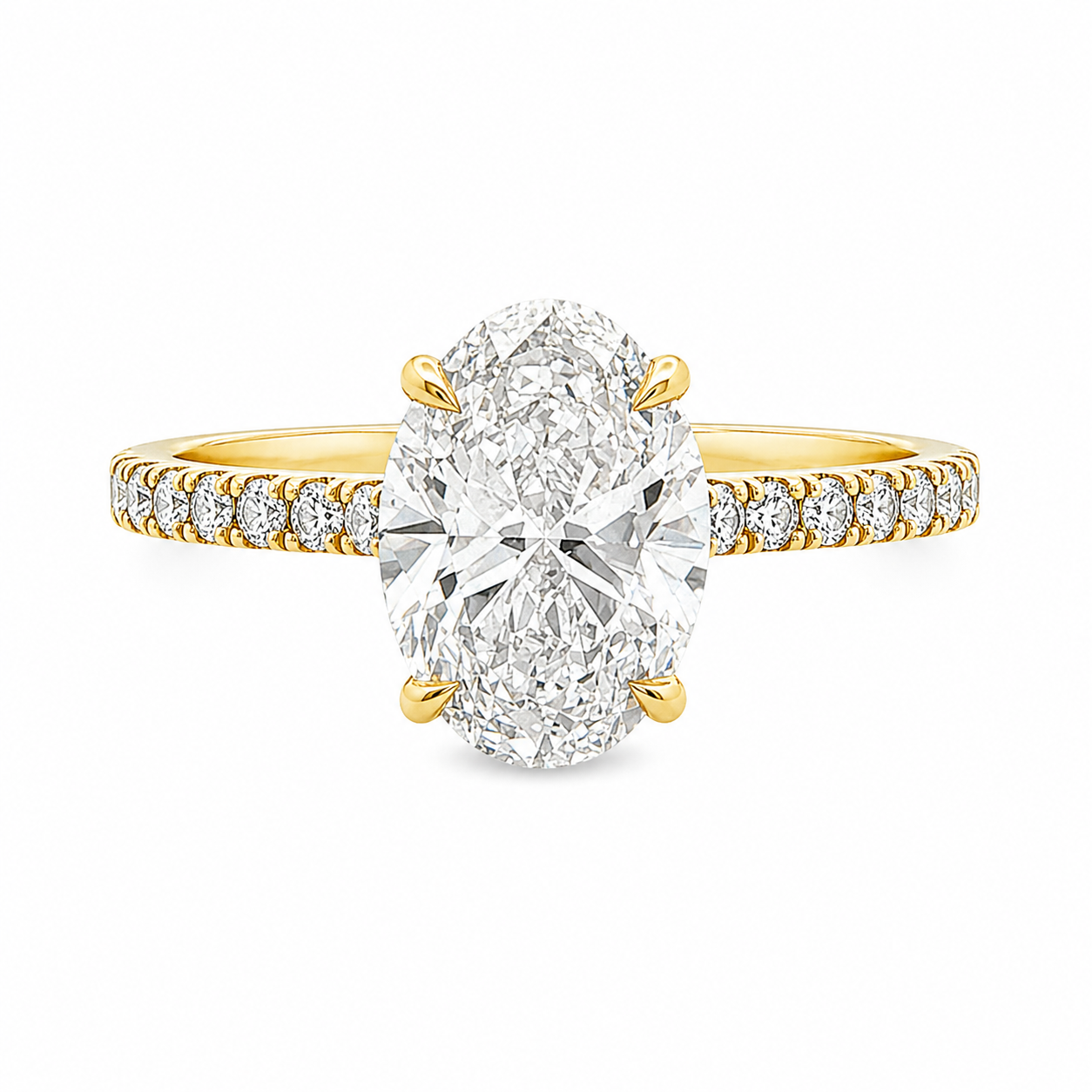 18ct Yellow Gold Oval Lab Grown Diamond Ring with Diamond Set Shoulders & Hidden Halo – 2.45ct TDW