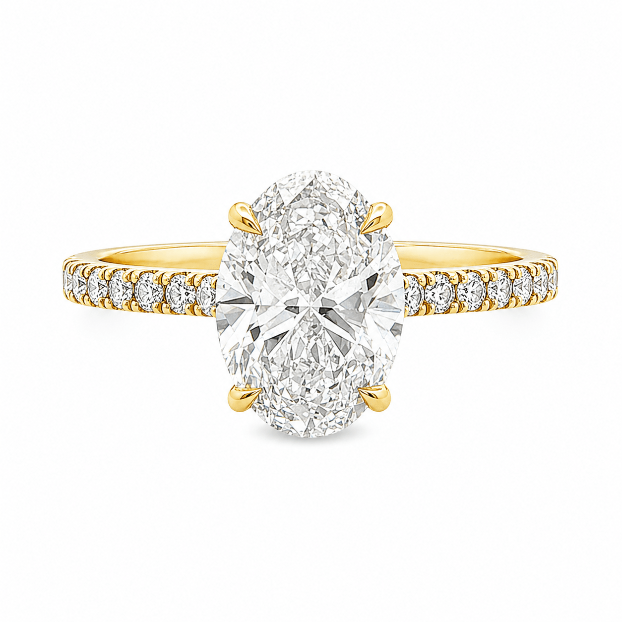 18ct Yellow Gold Oval Lab Grown Diamond Ring with Diamond Set Shoulders & Hidden Halo – 2.45ct TDW - Diamond Lab Boutique