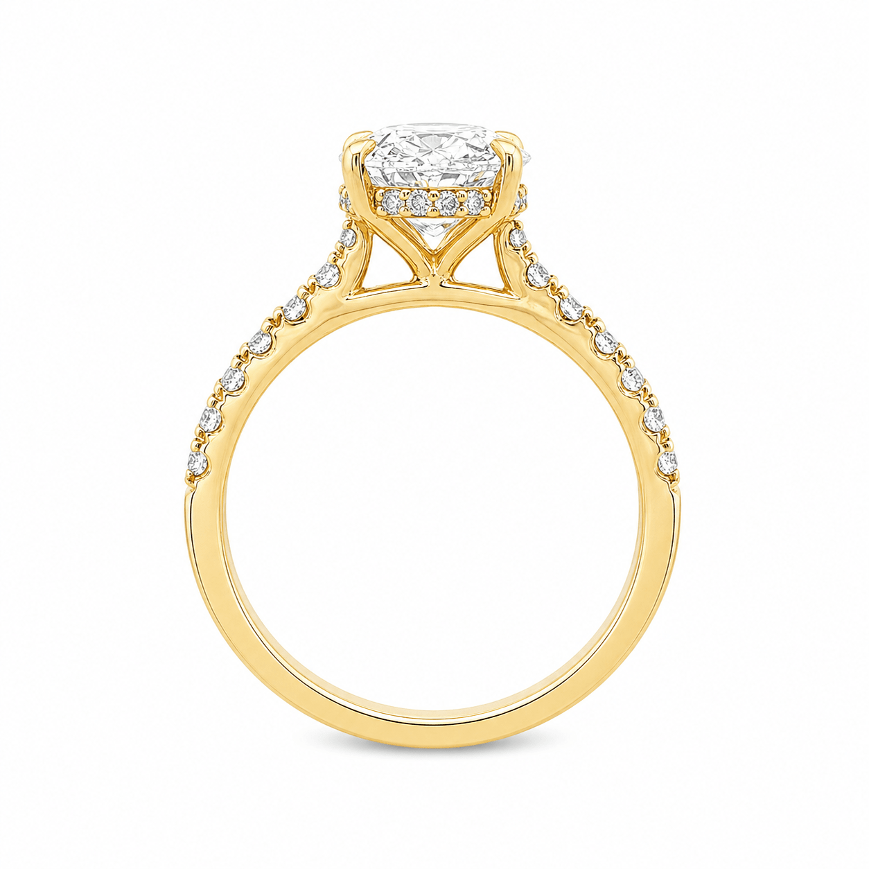 18ct Yellow Gold Oval Lab Grown Diamond Ring with Diamond Set Shoulders & Hidden Halo – 2.45ct TDW - Diamond Lab Boutique
