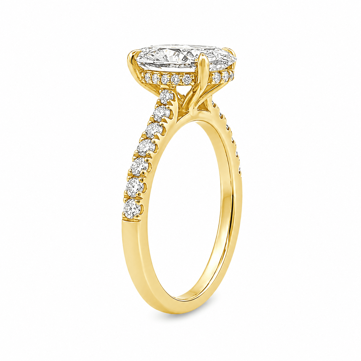 18ct Yellow Gold Oval Lab Grown Diamond Ring with Diamond Set Shoulders & Hidden Halo – 2.45ct TDW - Diamond Lab Boutique