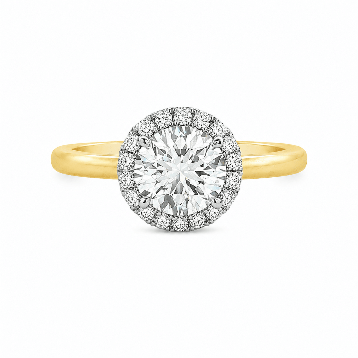 18ct Yellow & White Gold Round Lab Grown Diamond Halo Ring – 1.47ct TDW - Diamond Lab Boutique
