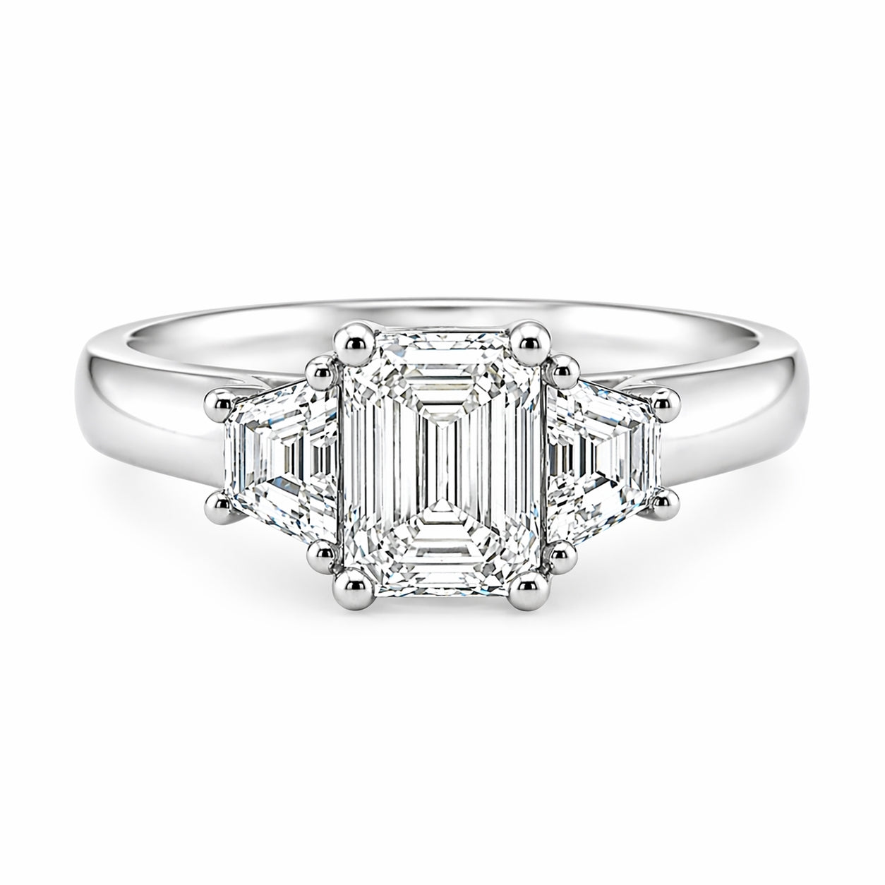 18ct White Gold Emerald Cut and Trapezoid Lab Grown Diamond Trilogy Engagement Ring – 1.52ct TDW