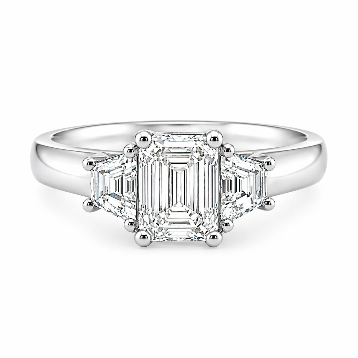 18ct White Gold Emerald Cut and Trapezoid Lab Grown Diamond Trilogy Engagement Ring – 1.52ct TDW - Diamond Lab Boutique