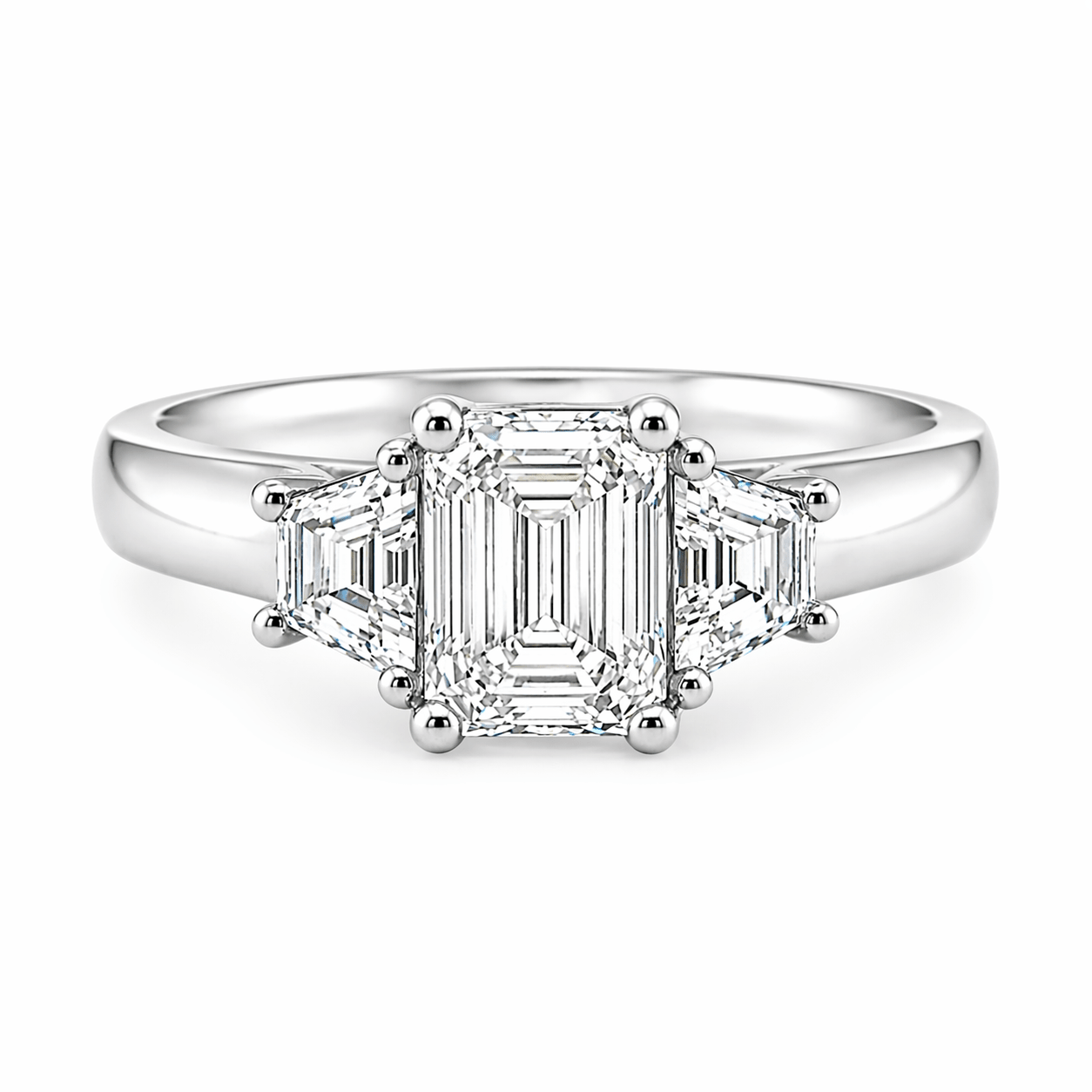 Platinum Emerald Cut and Trapezoid Lab Grown Diamond Trilogy Engagement Ring – 1.50ct TDW - Diamond Lab Boutique