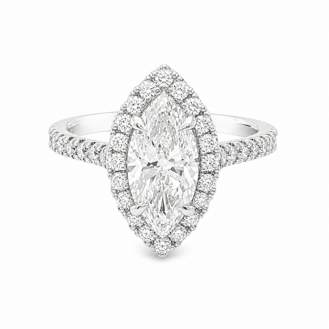 18ct White Gold Marquise Cut Lab Grown Diamond Ring with Halo & Diamond Set Shoulders – 2.11ct TDW - Diamond Lab Boutique