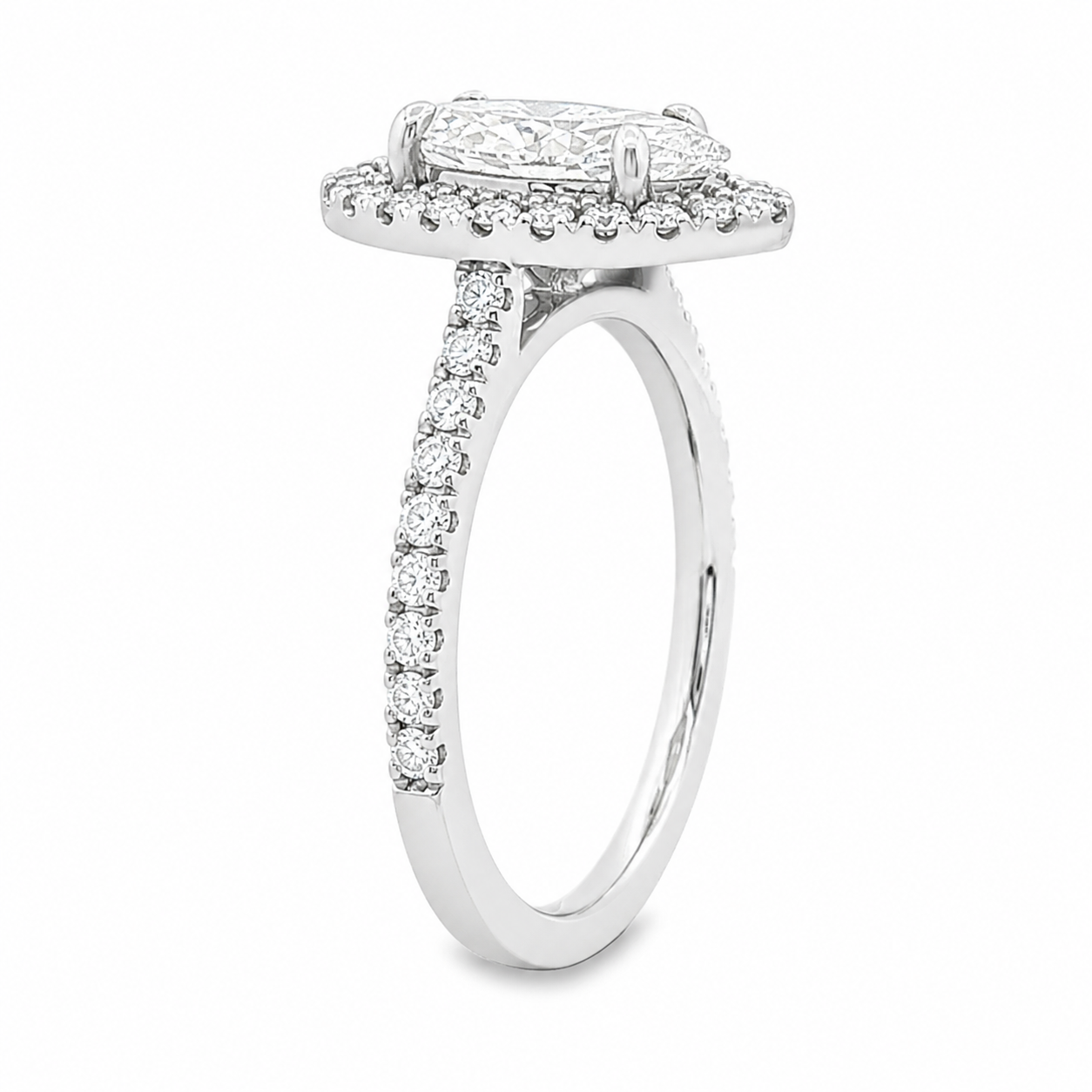 18ct White Gold Marquise Cut Lab Grown Diamond Ring with Halo & Diamond Set Shoulders – 2.11ct TDW