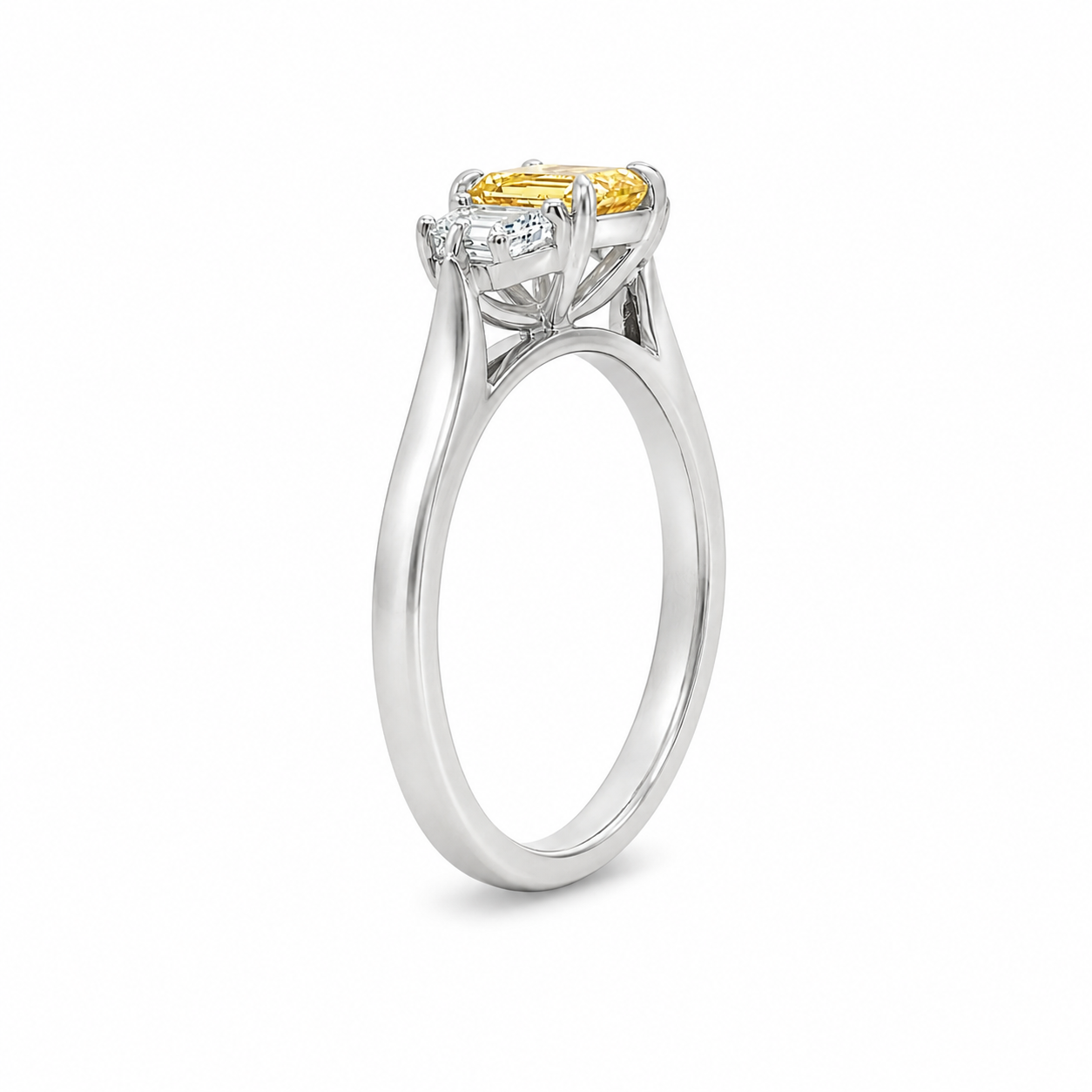 9ct White Gold Emerald Cut Fancy Intense Yellow Lab Grown Diamond Trilogy Ring – 1.58ct TDW