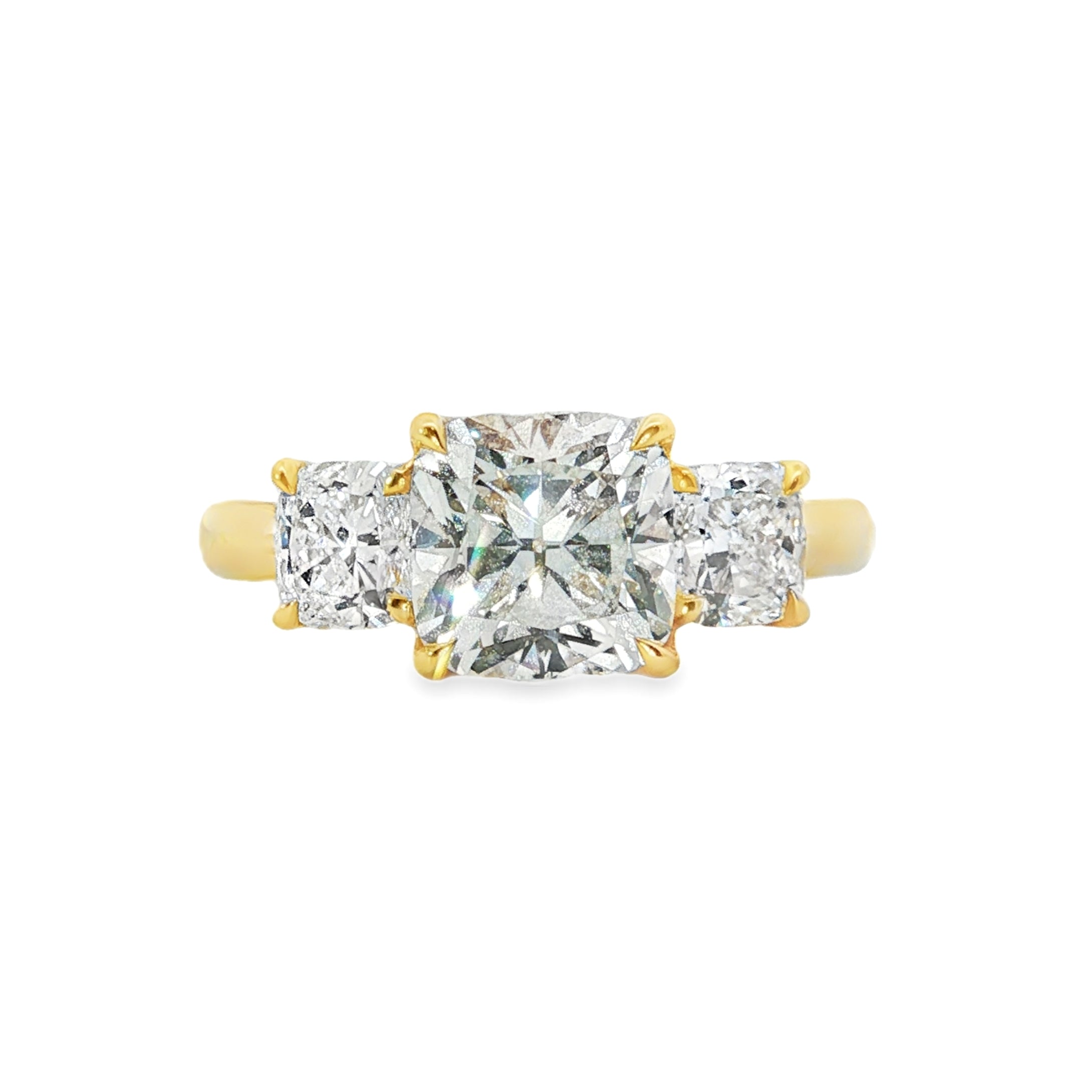 3.14ct Lab-Grown Diamond Trilogy Ring in 18ct Yellow Gold, Cushion Cut