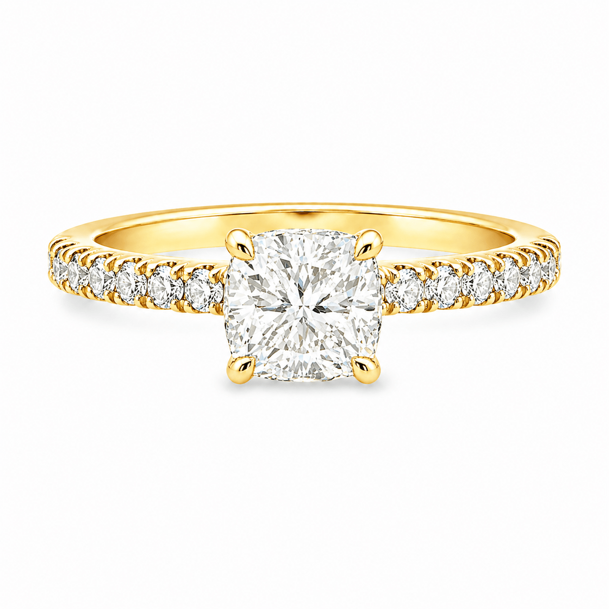 9ct Yellow Gold Cushion Cut Lab Grown Diamond Ring with Hidden Halo & Diamond Set Shoulders – 1.78ct TDW - Diamond Lab Boutique