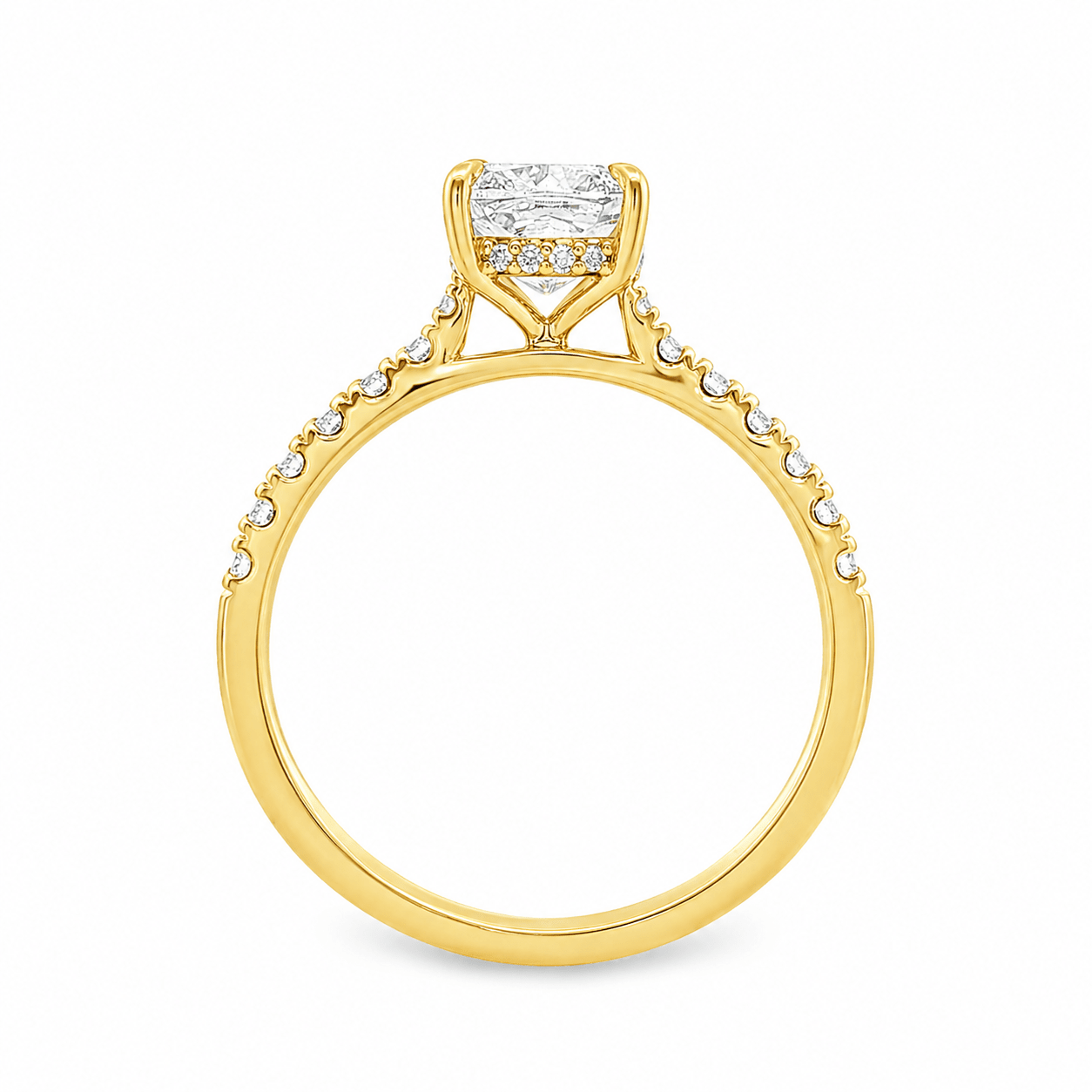 9ct Yellow Gold Cushion Cut Lab Grown Diamond Ring with Hidden Halo & Diamond Set Shoulders – 1.78ct TDW - Diamond Lab Boutique