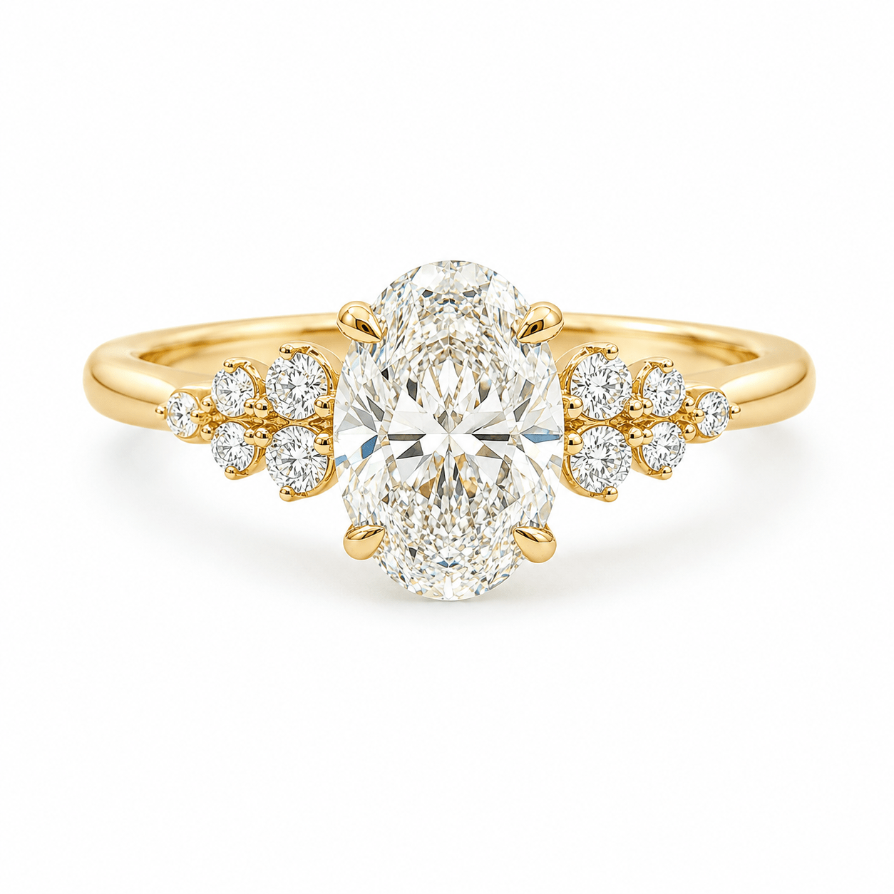18ct Yellow Gold Oval Lab Grown Diamond Ring with Cluster Shoulders – 2.28ct TDW - Diamond Lab Boutique