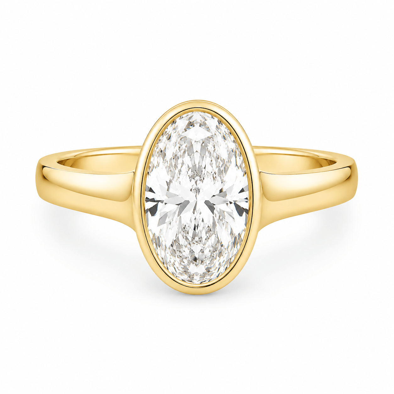 9ct Yellow Gold Bezel Set Oval Lab Grown Diamond Ring with Split Shoulders & Peek-A-Boo Diamond – 2.11ct TDW