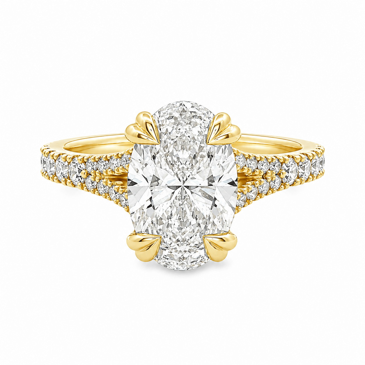 9ct Yellow Gold Oval Lab Grown Diamond Ring with Double Heart Claws & Split Diamond Set Shoulders – 2.71ct TDW - Diamond Lab Boutique